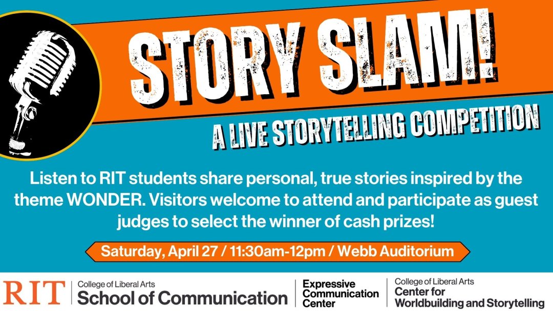 Listen to RIT students share personal, true stories inspired by the theme WONDER. Visitors welcome to attend and participate as guest judges to select the winner of cash prizes!