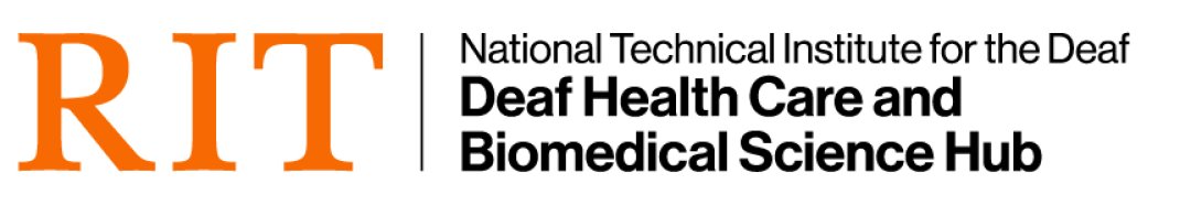 The logo lockup displays the Deaf Health Care and Biomedical Science Hub.