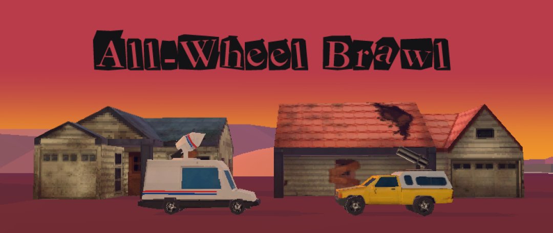 Mail car with rocket launcher and pizza delivery car with minigun facing off against a apocalyptic background with the text "All-Wheel Brawl"