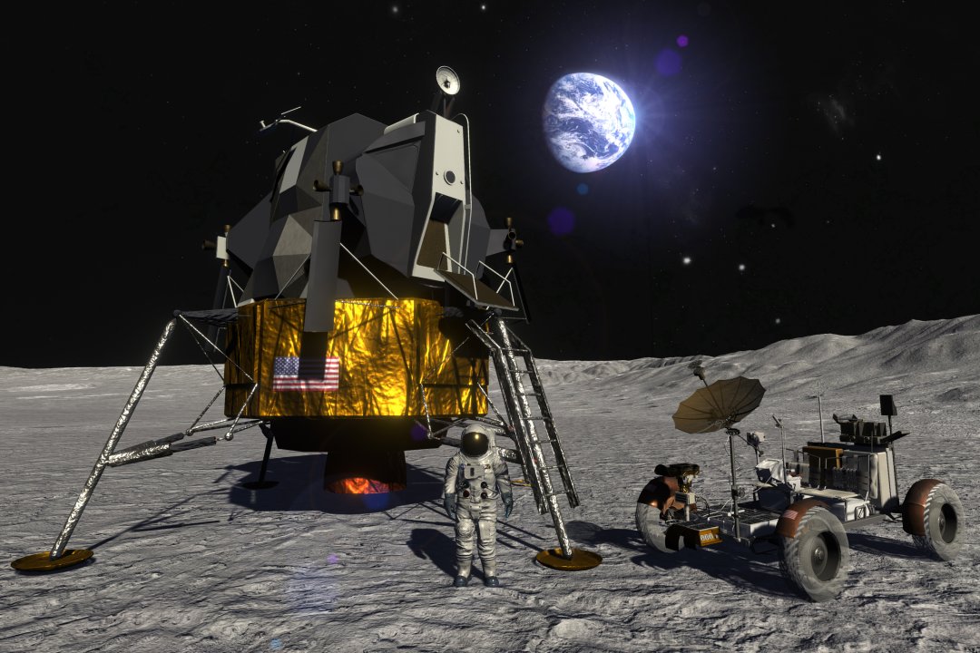 Astronaut, lunar module, and lunar rover are on the moon's surface.