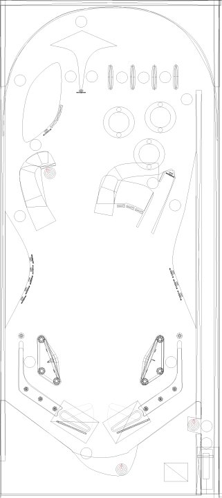 A blueprint of the pinball design that shows wood, bumpers, and flippers