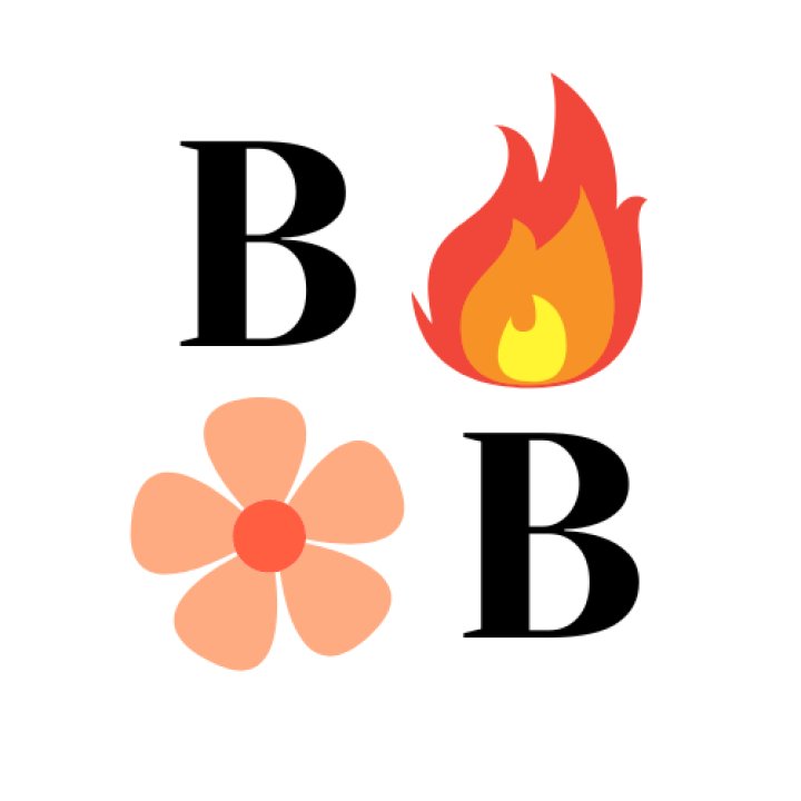 A logo for the company, which features two letter B's, a cartoon fire, and a cartoon flower