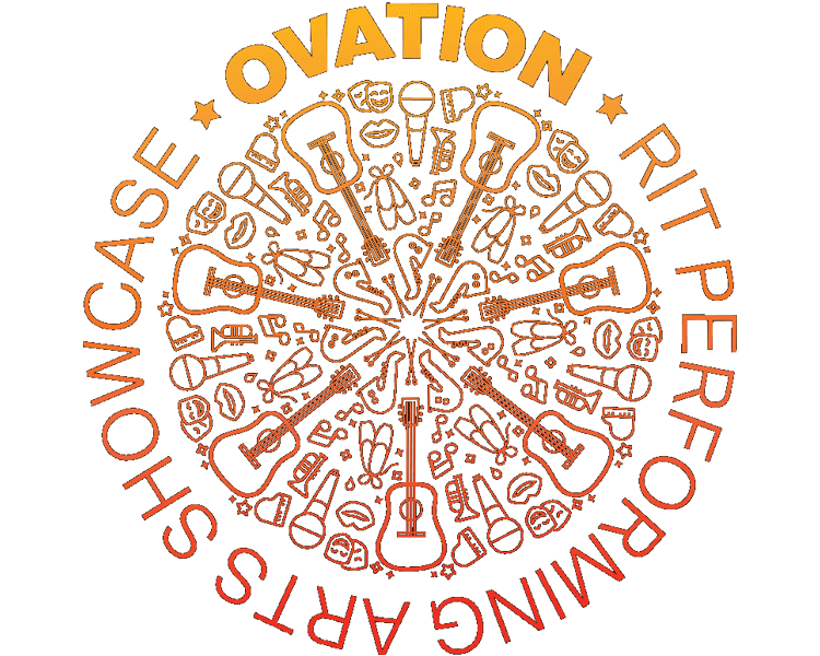 Circular graphic with various objects. Around the outside is the text Ovation, RIT's Performing Arts Showcase.