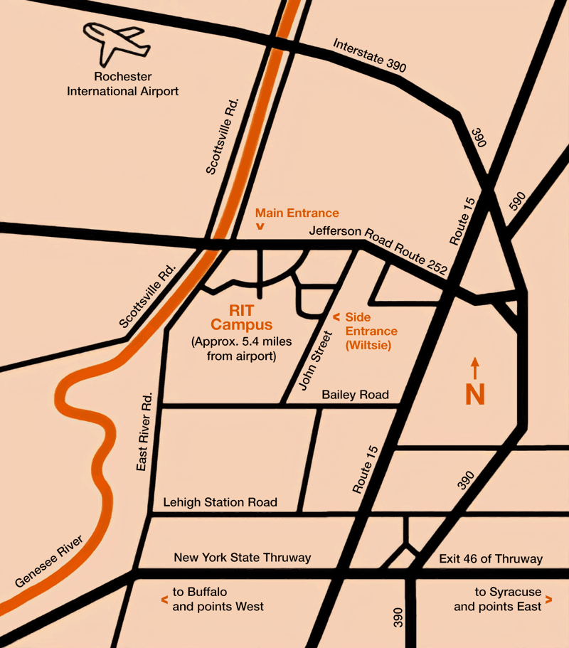 Map showing the RIT campus in relation to the airport and thruway.