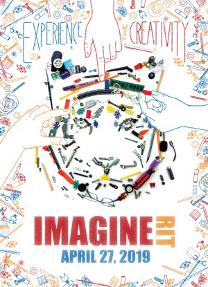 Line art objects in yellow, blue, and red appear around the border of this image, while 3 hands arrange objects into a tiger face in the middle.