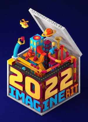A 3D rendered toy box with "2022 Imagine RIT" on the site, and gadgets inside.