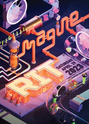 An imaginary, 3D-rendered, close-up of the inside of a computer, mixed with neon lights, microphones, an artist’s palette, molecules, and computer code that spells out Imagine RIT.