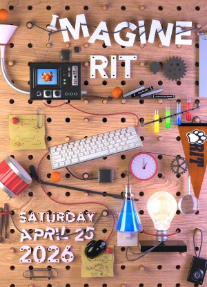 3D rendering of a peg board with various items. The text Imagine RIT and date appear as well.