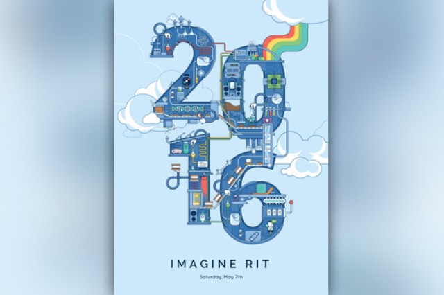 poster for Imagine R I T with a Rube Goldberg machine inside of the year 20 16.