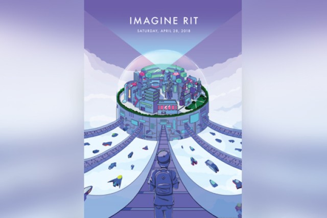 The winning poster for the 2018 Imagine RIT, Text that says "Imagine RIT" at the top.
