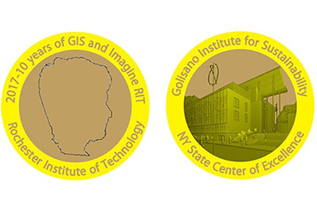 Two emblems for "2017-10 years of GIS and Imagine RIT" and "Golisano Institute for Sustainability"