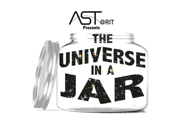graphic of a jar with the words A S T at R I T presents, the universe in a jar.