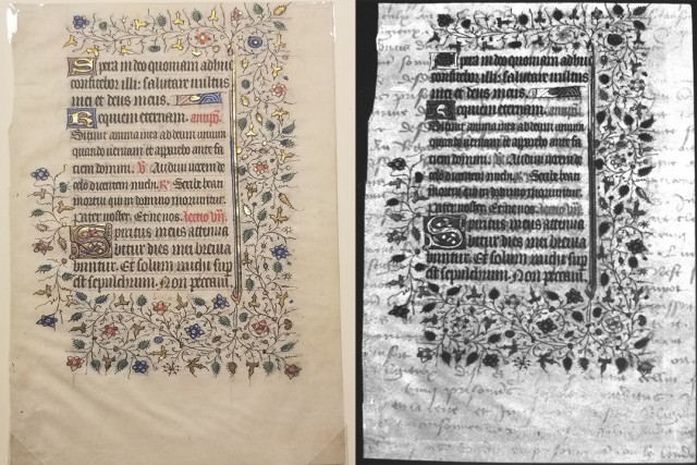 side-by-side images of a 15th-century manuscript, one showing regular text and the other showing text that had been erased.