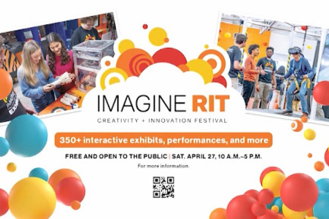 a poster showcasing colorful balloons and an Imagine RIT banner is displayed with the date and time of the event.