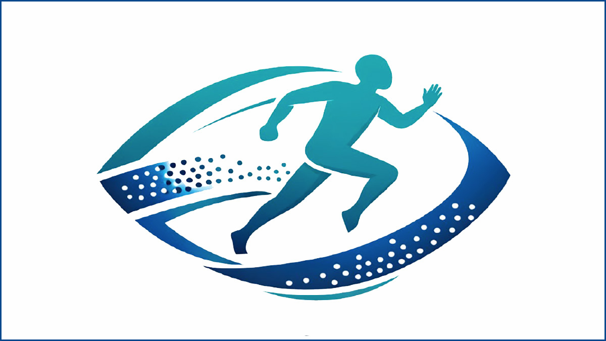 logo featuring a person running in an oval shape, in a gradient of blue and green.