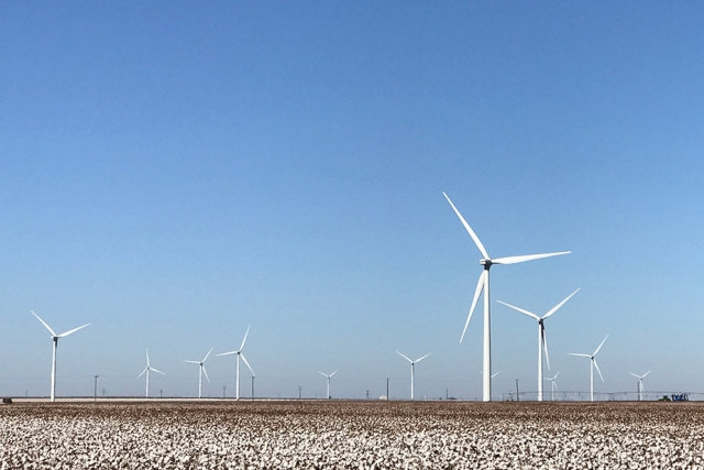 wind turbines on a commerical building roof.