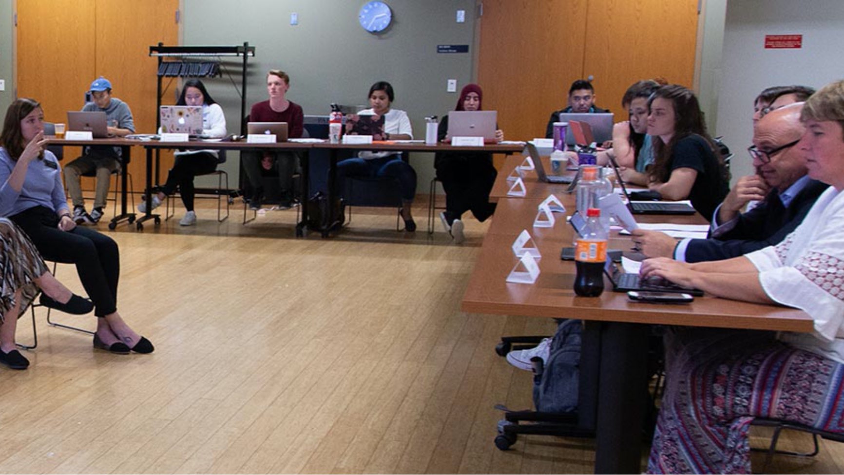 Meeting taking place in a large conference room