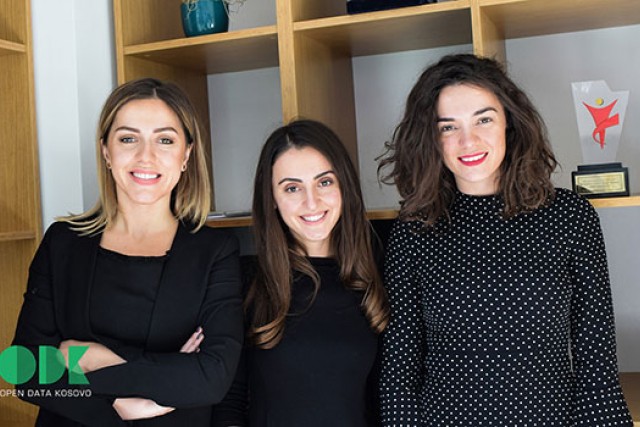 Dafina Olluri, Blerta Thachi, Blinera Meta wearing dark dress clothes pose for photo.