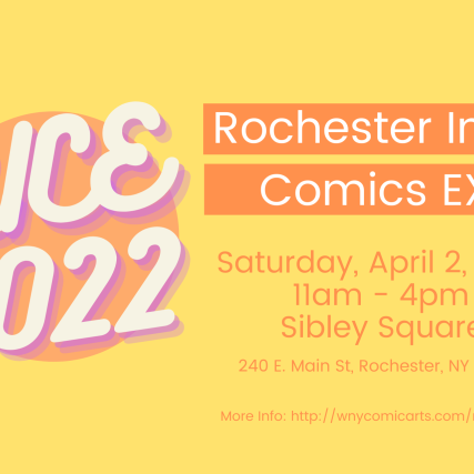 A yellow and orange graphic promoting the Rochester Indie Comics Expo.