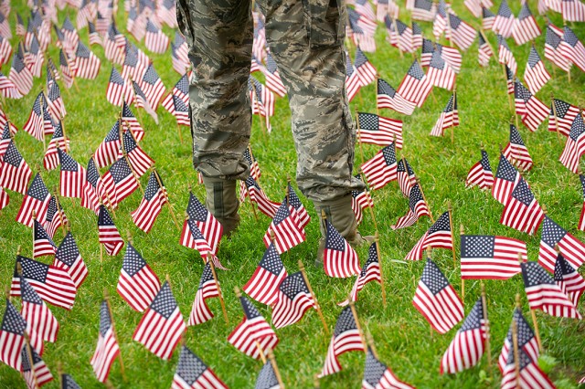 a person wearing military fatigues standing in a grassy area plants with hundreds of small American flags.