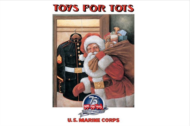 Toys for Tots poster with a drawing of Santa holding a bag of toys in front of a closet with a Marine uniform.