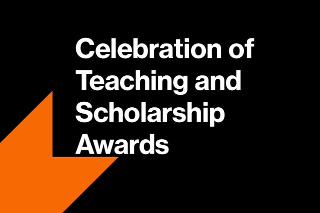 a black and orange background with with text reading Celebration of Teaching and scholarship awards