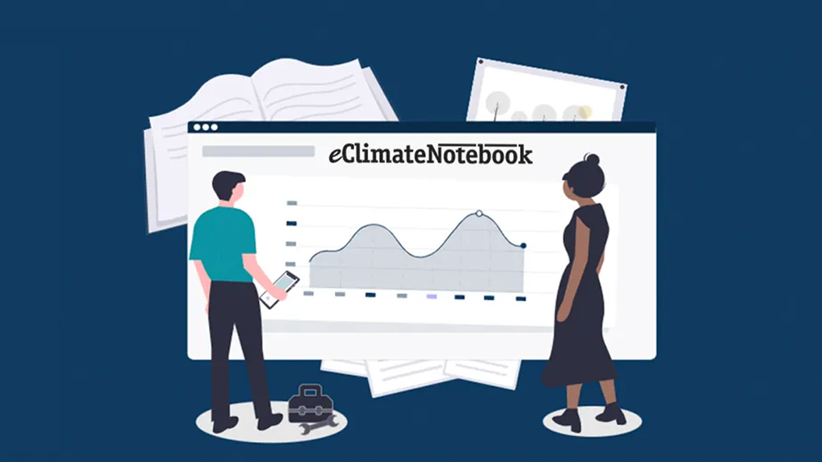 Two clipart people with their backs to the audience standing in front of a webpage titled "eClimateNotebook" that has a graph on a navy background.