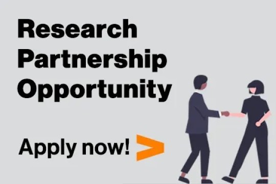 Clipart of two people shaking hands. To the left of them there is text that says "Research Partnership Opportunity. Apply now!".
