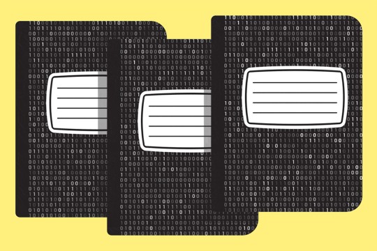 illustration of three composition notebooks with a pattern of zeros and ones on the covers.