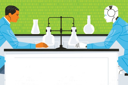an illustration of a man and a robot sitting at a lab table facing each other.