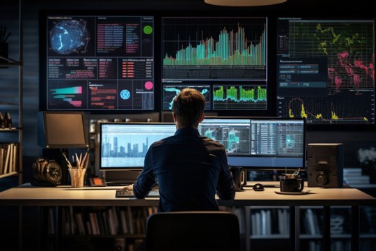 Man sitting at a desk analyzing financial data on multiple computer screens displaying stock charts and analytics in a dimly lit office.