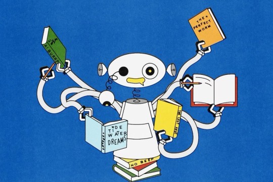 An animated robot with several arms holding four books.