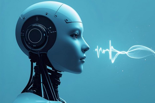 a blue toned side profile image of a female presenting robot with sound waves near the head.