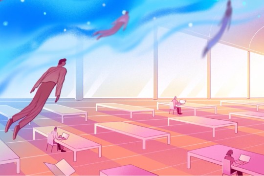 a pastel toned illustration of bodies flying over a room filled with work tables.