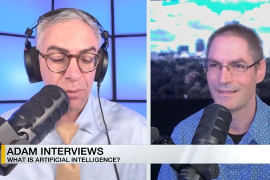 a split screen of two men interviewing on T V