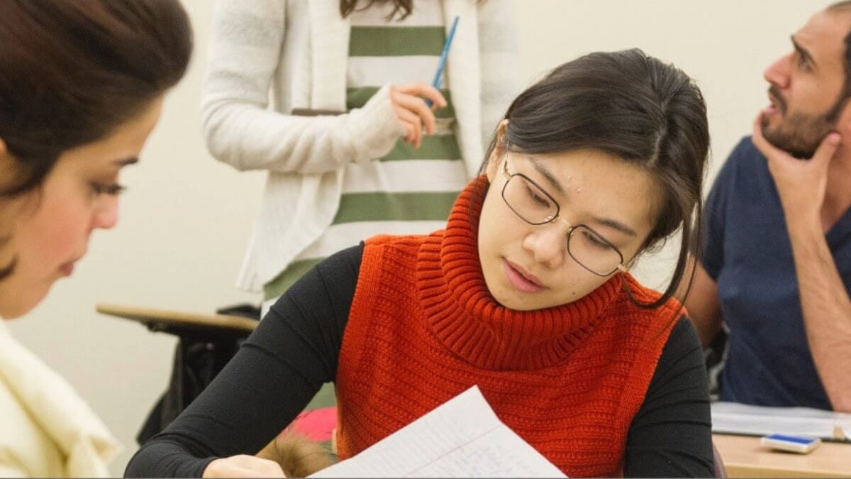 Students working at a table.