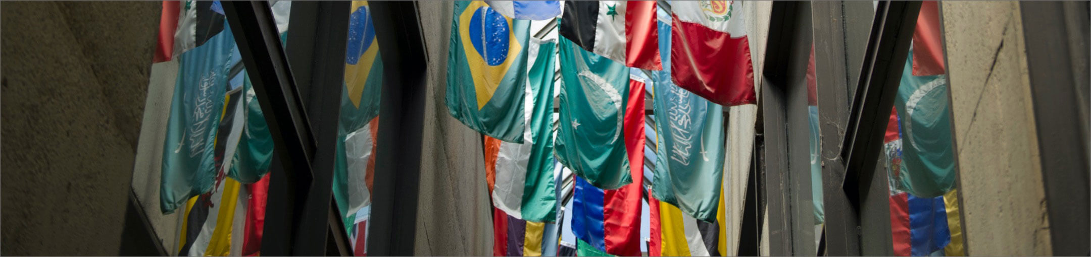 Interior of the Student Alumni Union building showing the flags of various nations hung from the ceiling.