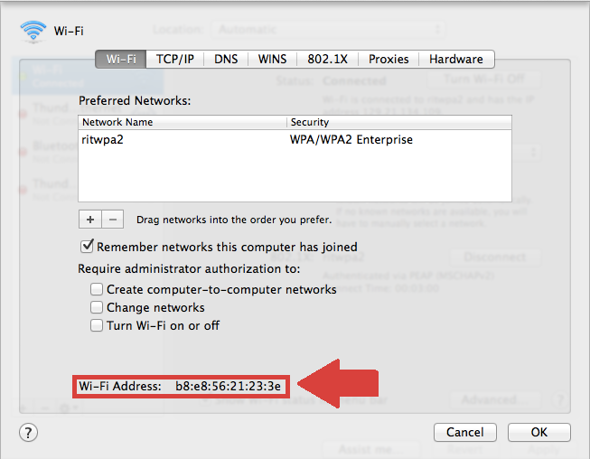 An image of how to find your MAC address on a Mac