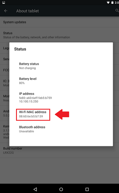 An image of how to find your MAC address on a Android device