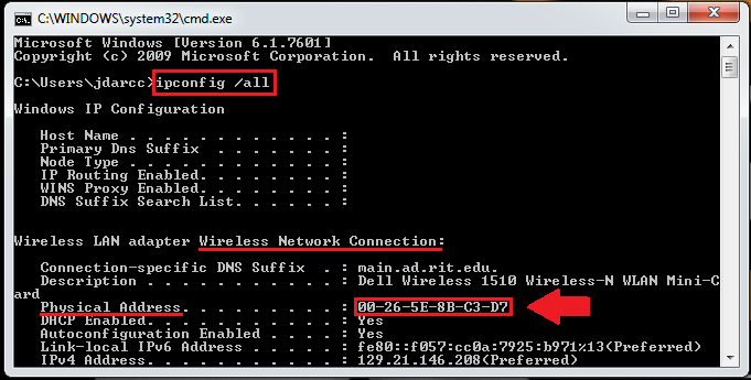 Image of how to find your MAC address on a windows computer