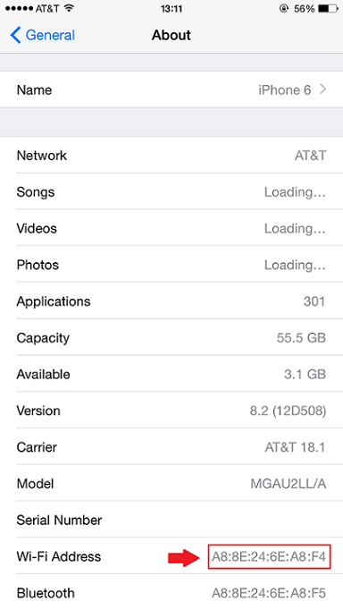 An image of how to find your MAC address on a iOS device