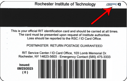The back of a sample RIT ID card with an arrow pointing to the 3millID logo in the upper right corner.