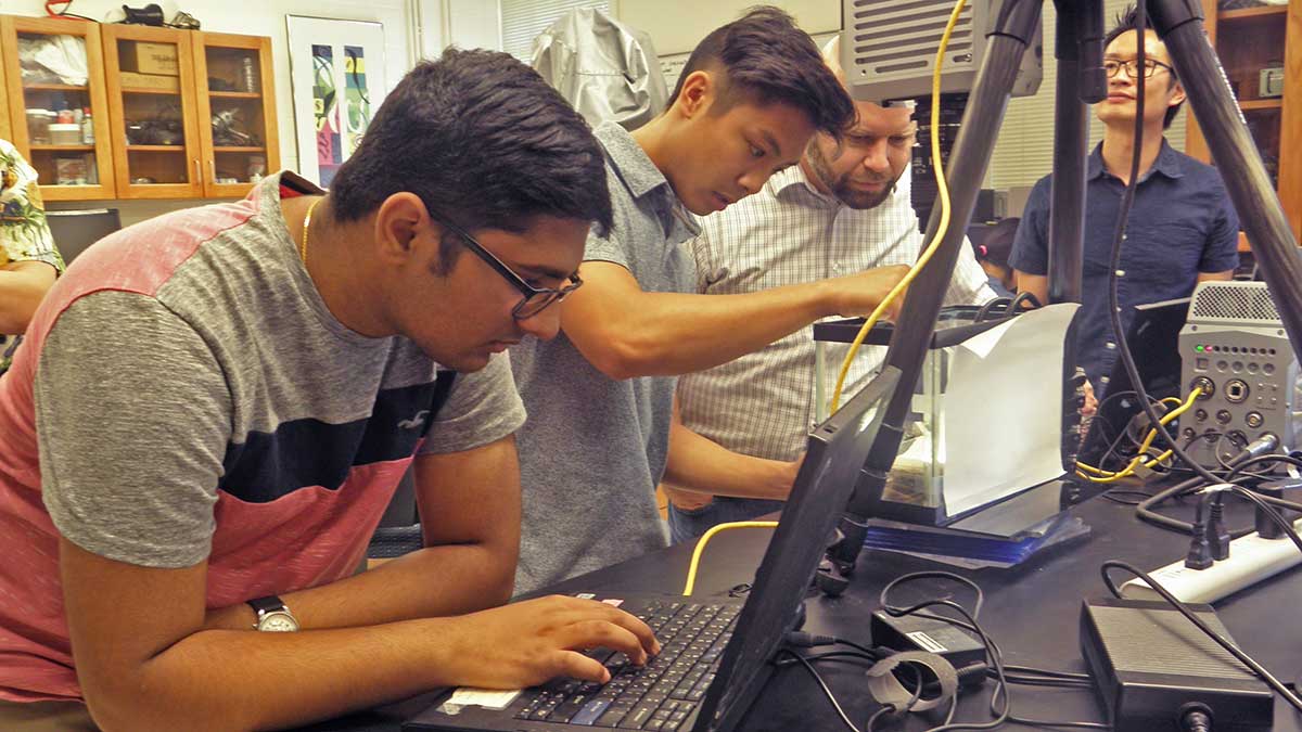A group of young adults working together in a lab with laptops and technical equipment.