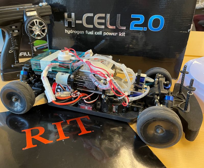 Hydrogen fuel cell RC race car with controller. 