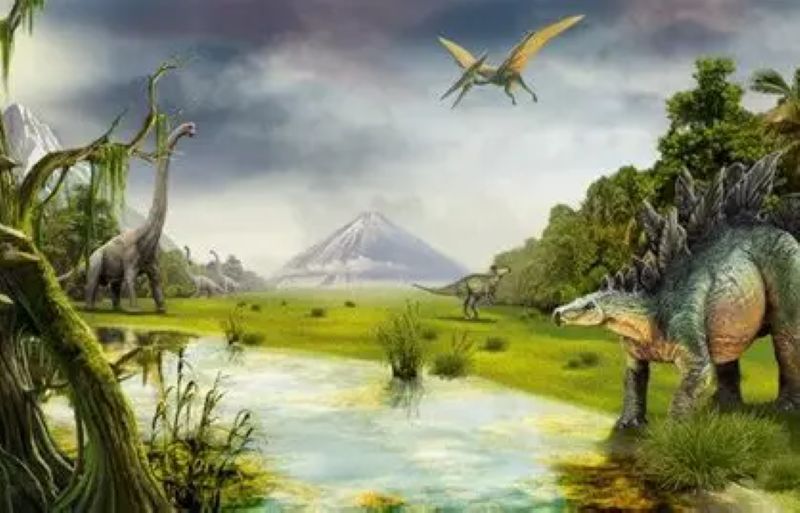 Dinosaurs of the Mesozoic era with plants and landscape.