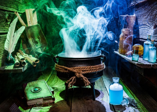 a cauldron with bright colors and potions