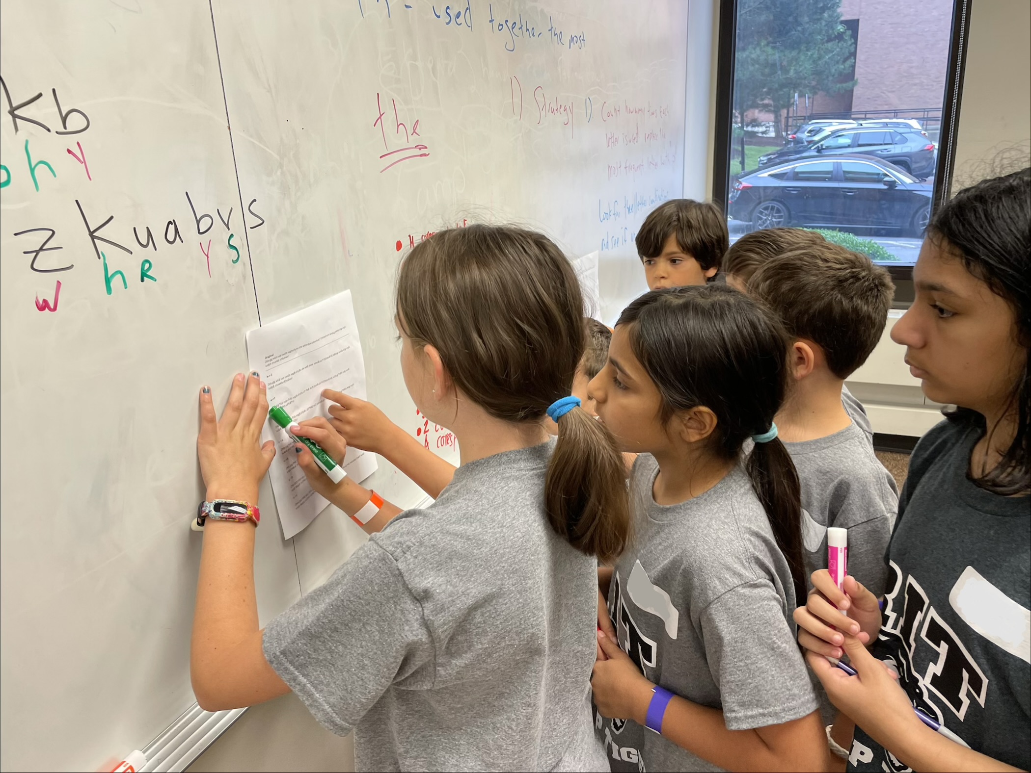Group of youth working on deciphering a codes on a white board in a classroom.