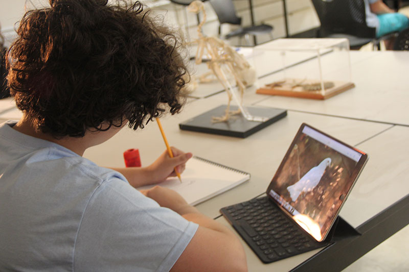 a student writing on a notepad while looking at a tablet