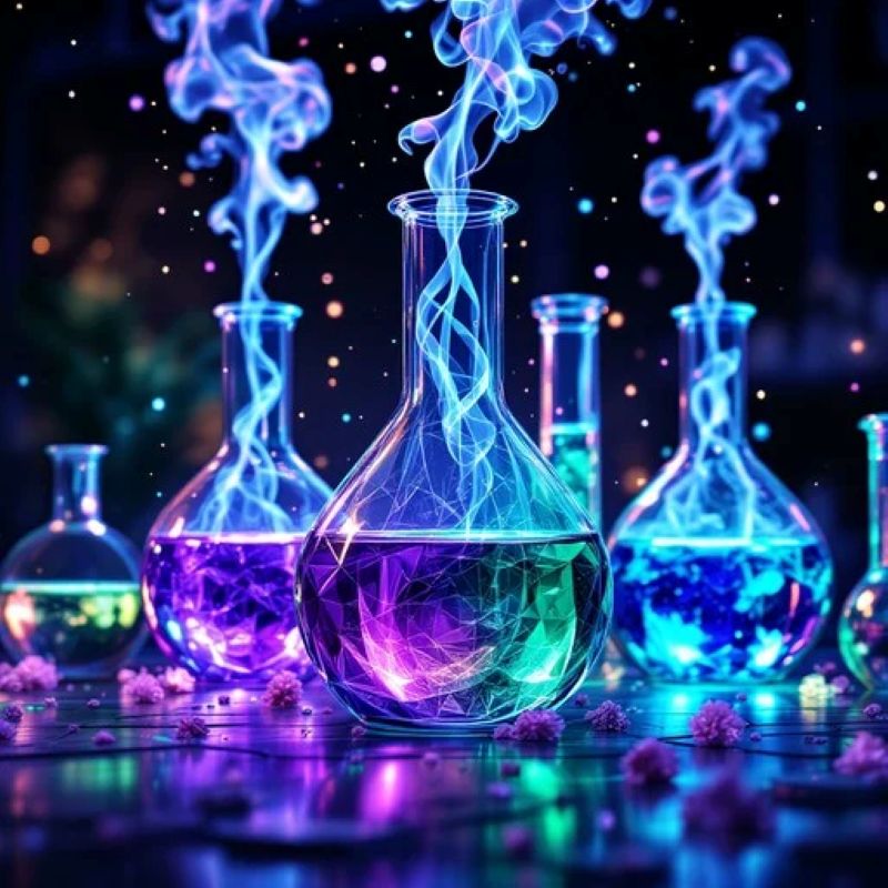 Colorful bottles filled with liquid, mist rising out of them.