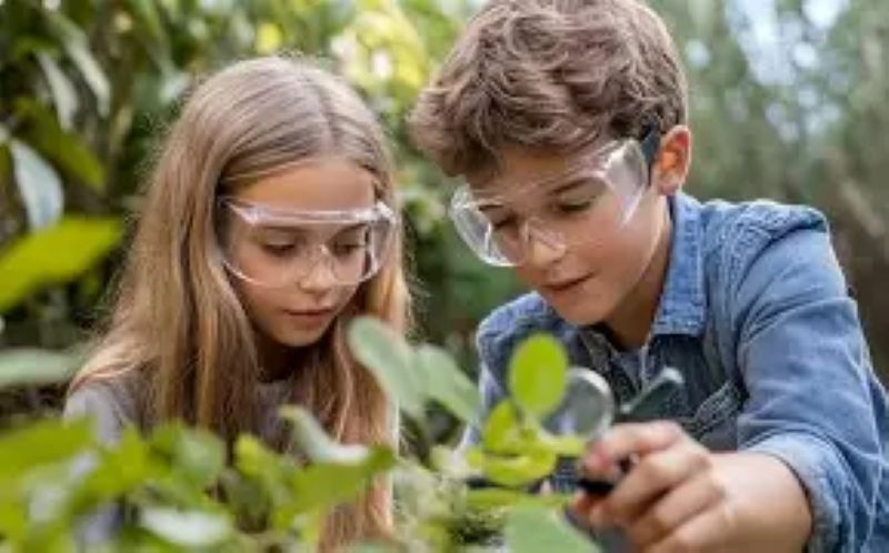 A girl and boy wearing safety glasses exploring plants outdoors.